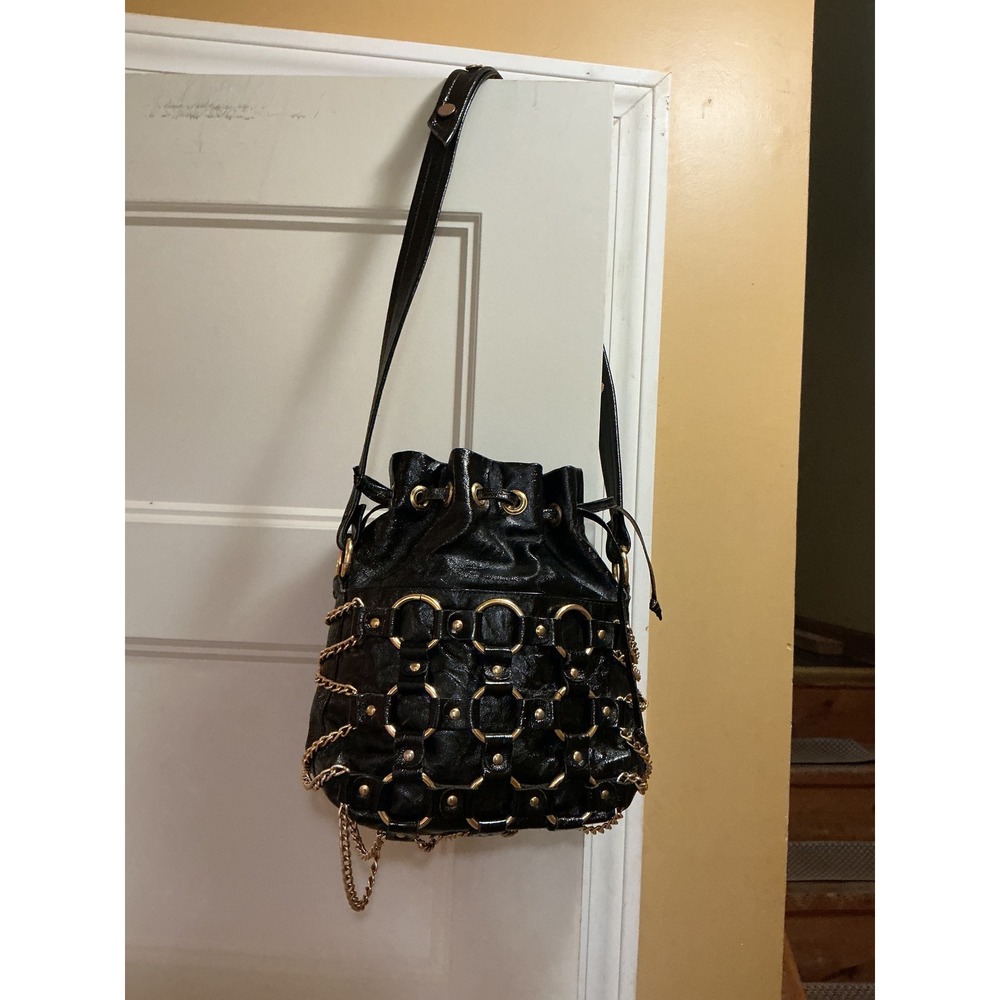 RARE VTG Murray Kruger Italy Black Leather Chainmail Ring Bucket Bag Space Age